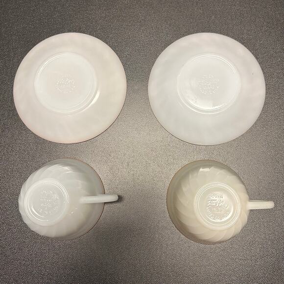 Vintage Fire King Set of 2 Cup and Saucer Gold Trimmed Swirl Pattern Milk Glass - Picture 3 of 7